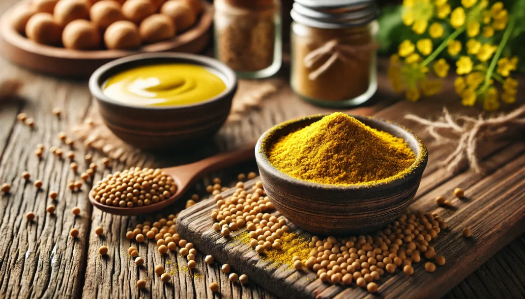 Close-up of mustard seeds, powder, and a bowl of mustard in a rustic kitchen, symbolizing the natural sources of mustard and their potential role in heart health.