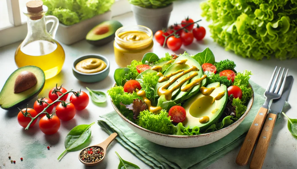 Fresh salad topped with mustard dressing, surrounded by heart-healthy vegetables like avocados and leafy greens, representing mustard as part of a hypertension-friendly diet.