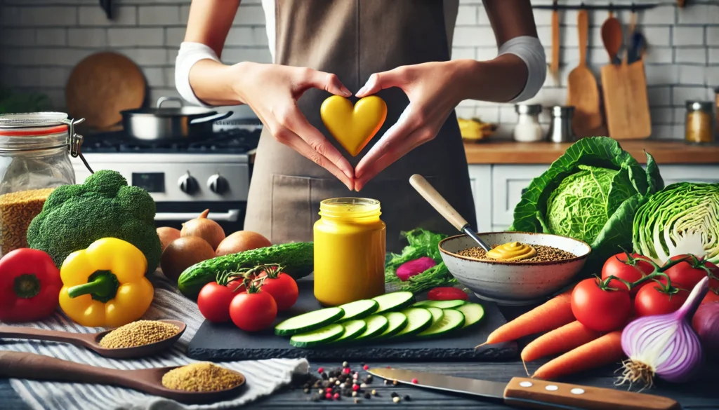 Person in a modern kitchen preparing a healthy meal with mustard, highlighting the integration of this condiment into heart-supportive cooking.