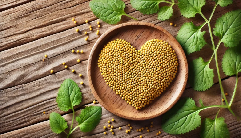 Heart shape made from mustard seeds and leaves on a wooden surface, conceptually linking mustard with cardiovascular health and blood pressure management.