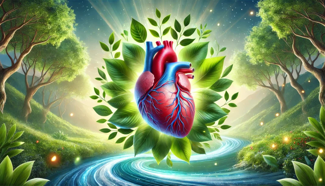 Symbolic image of a healthy human heart surrounded by green leaves and flowing water, representing natural healing and the reversal of high blood pressure through lifestyle changes.