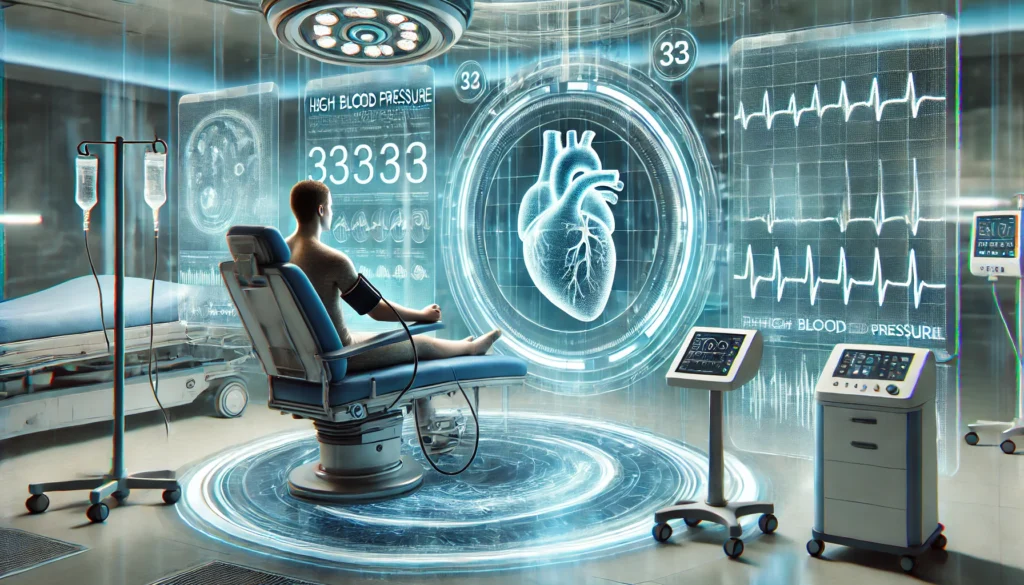 Futuristic medical scene with a patient receiving non-invasive hypertension treatment, surrounded by glowing holographic health data in a high-tech clinical setting.