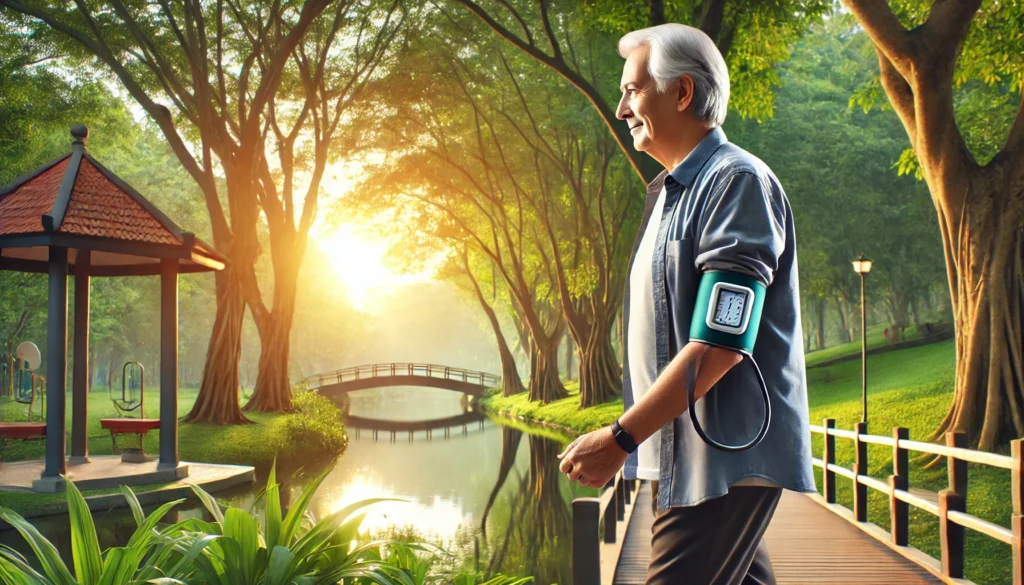 Older adult walking peacefully through a park at sunrise, symbolizing how physical activity and nature exposure support long-term blood pressure control.