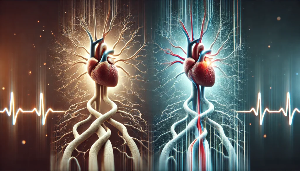 Conceptual depiction of arteries transforming from constricted to clear and open, illustrating scientific progress in reversing high blood pressure.