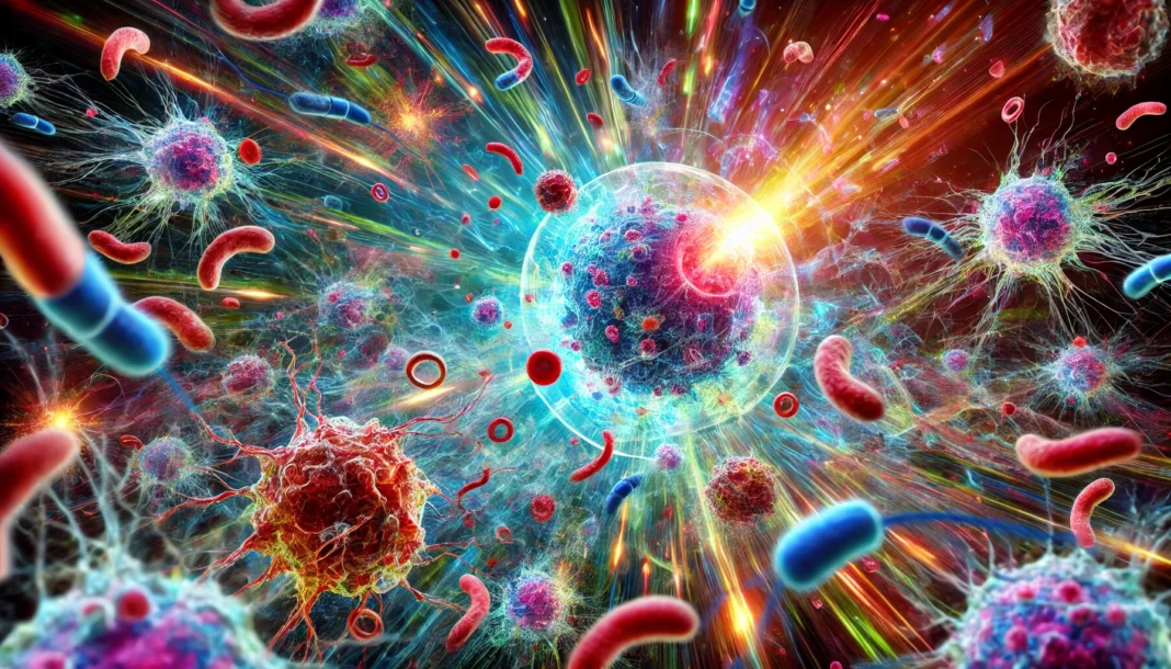 Microscopic visualization of colorful immune cells attacking malignant cancer cells, symbolizing breakthrough immunotherapy research.