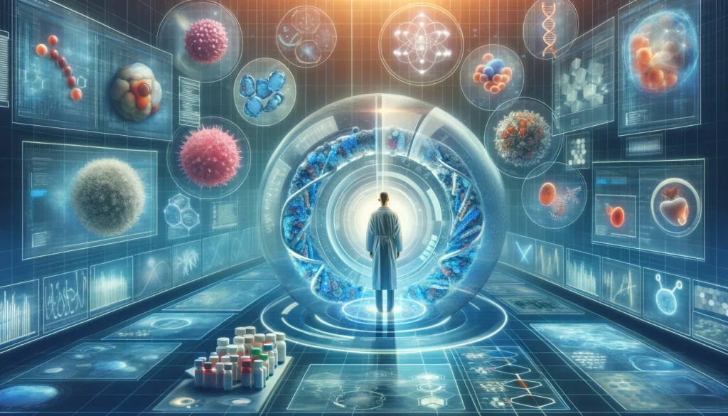 Patient surrounded by transparent data screens showing DNA and targeted cancer therapies, depicting precision medicine in oncology.