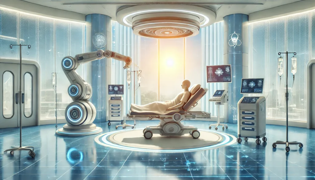 Futuristic hospital room with AI-assisted cancer treatment technologies and a resting patient bathed in natural sunlight, symbolizing hope and recovery.