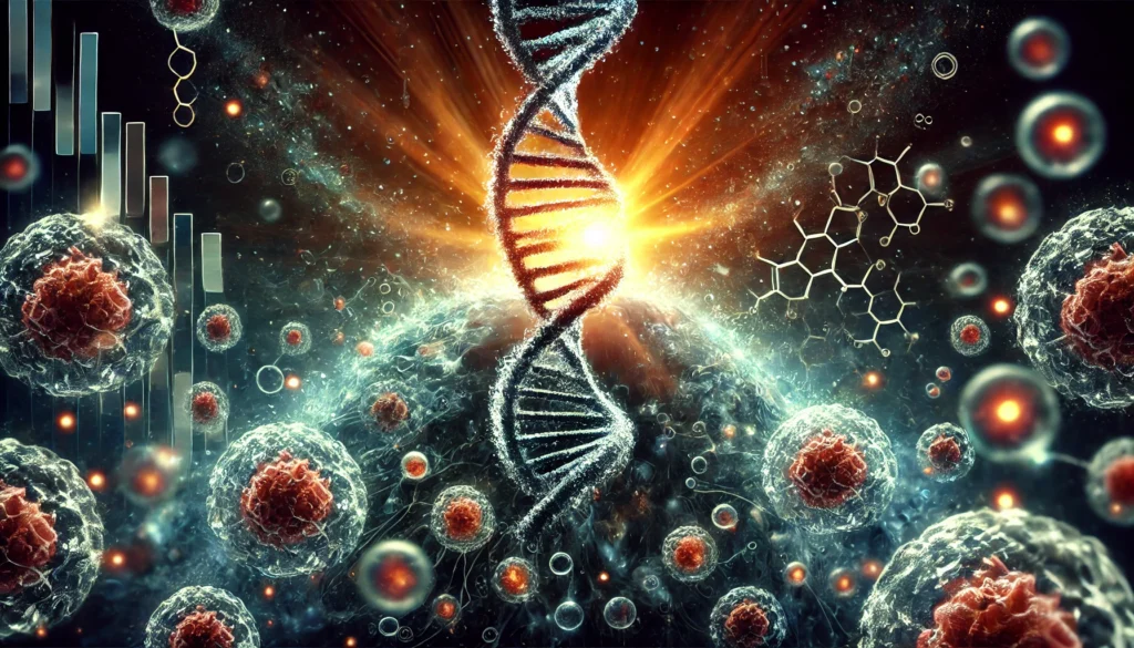 Symbolic image of a glowing DNA helix emerging from darkness, surrounded by dissolving cancer cells, representing the future of cancer treatment and scientific breakthroughs.