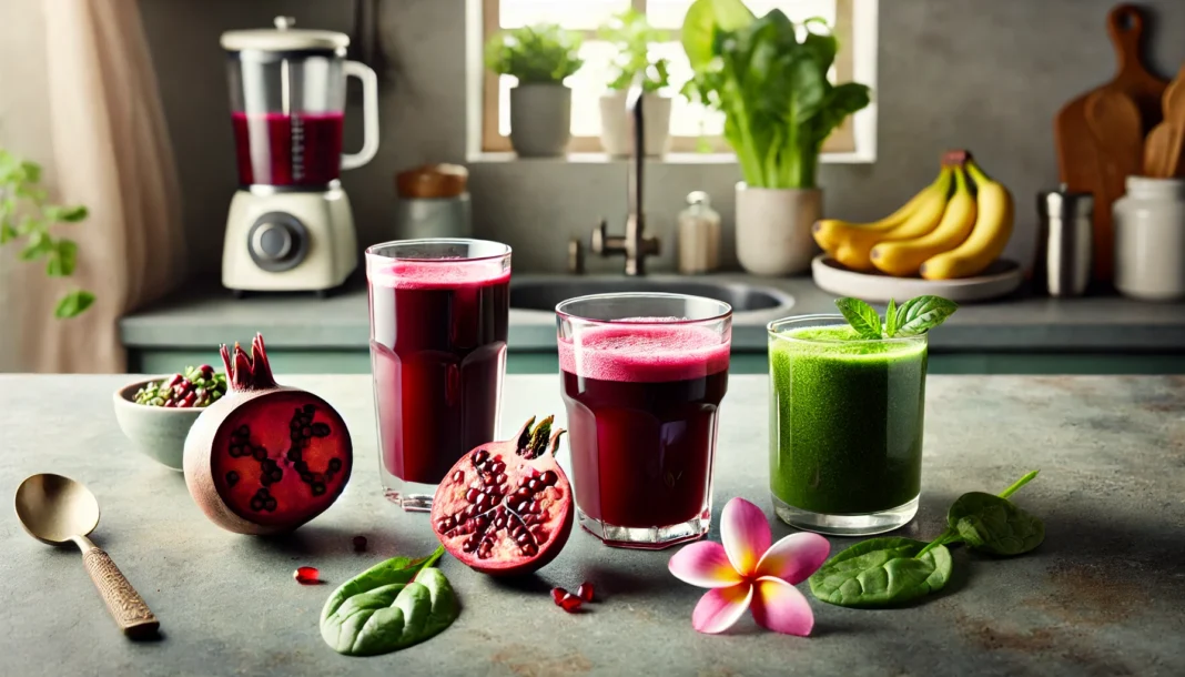 A kitchen countertop displaying beet juice, hibiscus tea, pomegranate juice, and a green smoothie with fresh ingredients in a bright, modern kitchen setting.