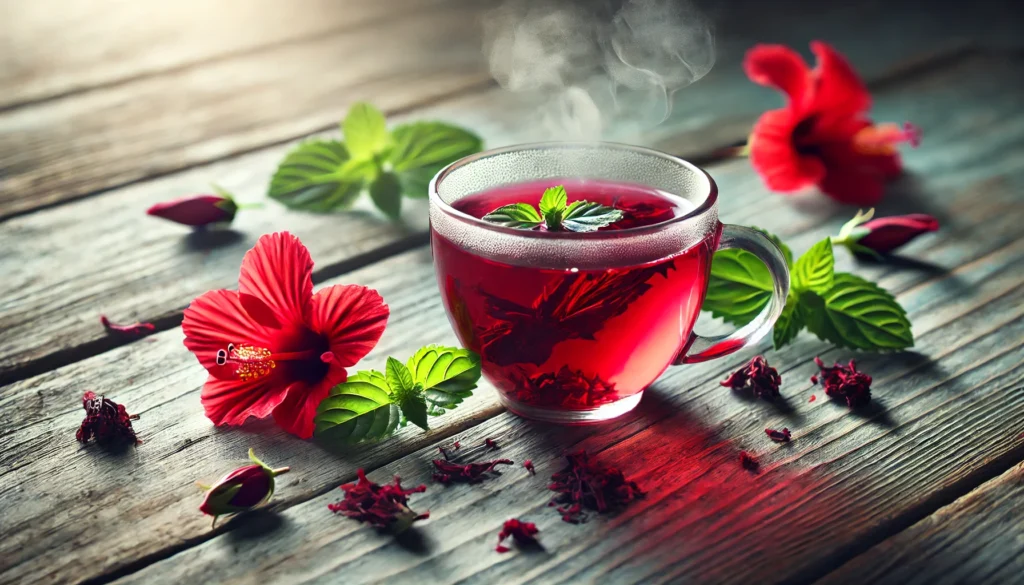 A steaming cup of hibiscus tea with red petals and mint leaves on a rustic wooden table bathed in soft morning light.