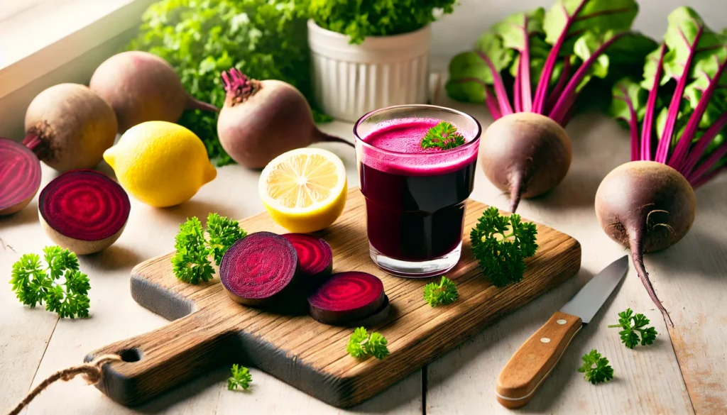 A glass of dark red beet juice surrounded by raw beets, lemon slices, and parsley on a wooden kitchen counter with natural light.
