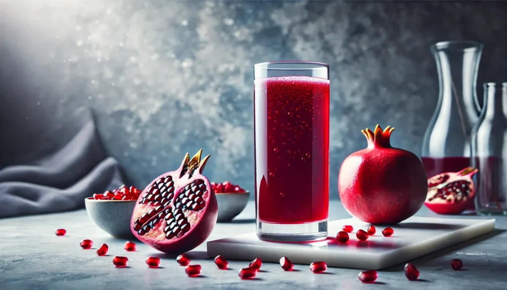 A vibrant glass of pomegranate juice with scattered seeds and a halved pomegranate on a sleek marble countertop.