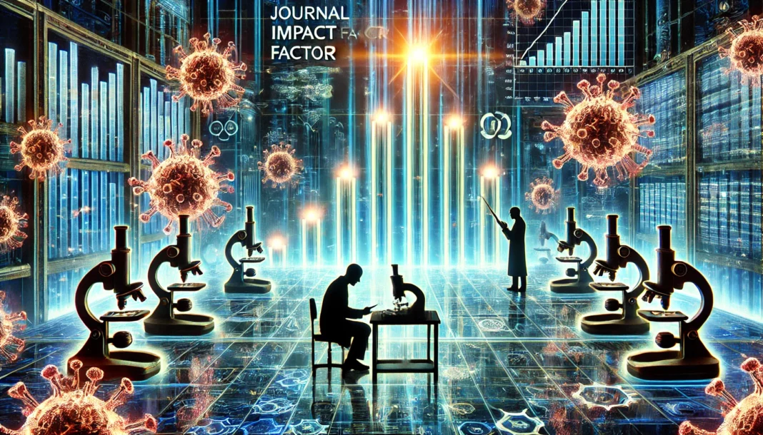Futuristic laboratory with towering glowing impact factor bars, silhouetted scientists studying cancer cells under microscopes, and holographic molecular data representing the influence of journal metrics on cancer research.