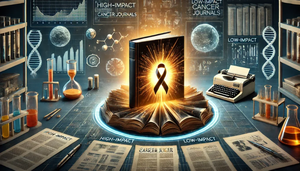 Split-scene artwork contrasting high-impact cancer journals glowing with golden light beside advanced treatment tech, versus dimly lit outdated papers and neglected lab tools symbolizing research inequality.