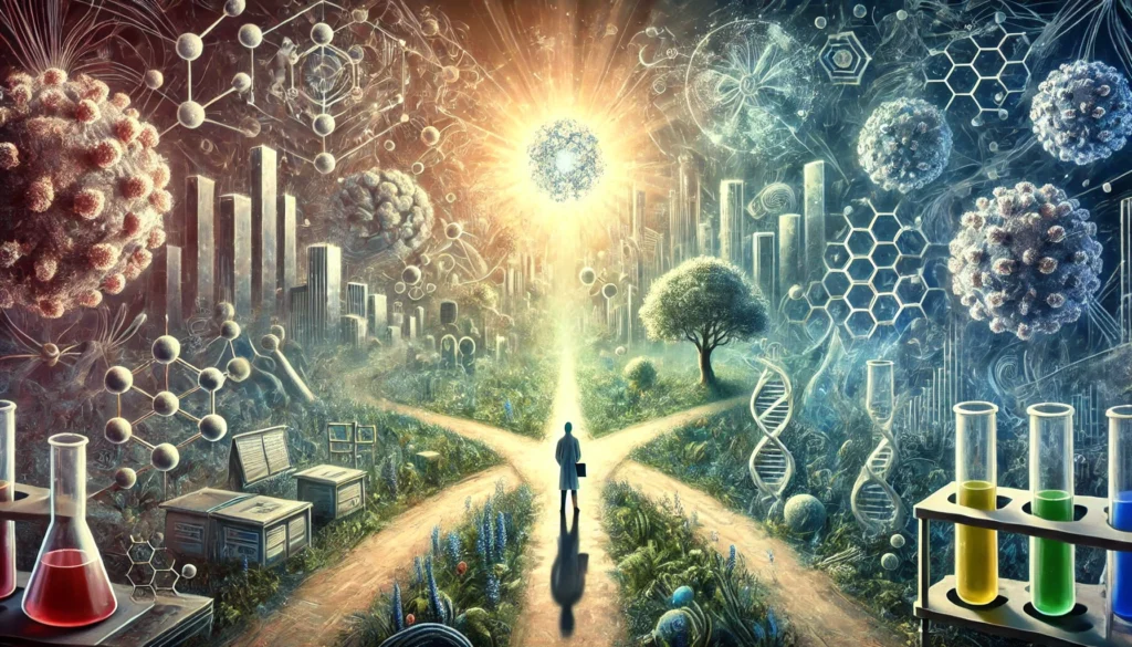 Surreal scientific landscape with a researcher at a crossroads; one path leads to a glowing city of breakthroughs built from high-impact journals, the other to a dark forest of neglected unpublished cancer research.