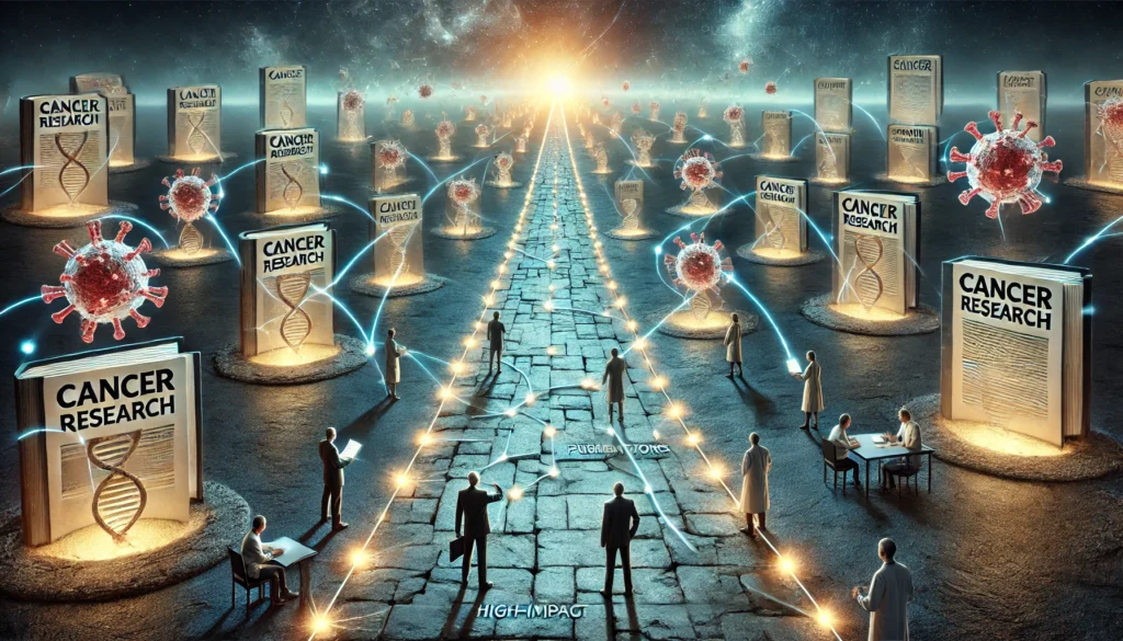 Conceptual image of a cancer research timeline carved into stone, glowing with key milestones linked to floating journal covers, as scientists walk the path beneath a sky transitioning from darkness to light, symbolizing progress through high-impact publications.