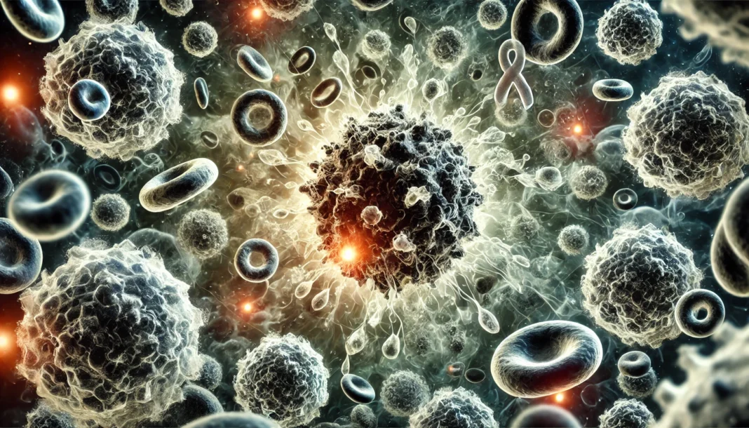 Microscopic-style illustration of immune cells attacking cancer cells, with glowing white blood cells surrounding and destroying dark tumor cells in a high-contrast, cellular battlefield environment.