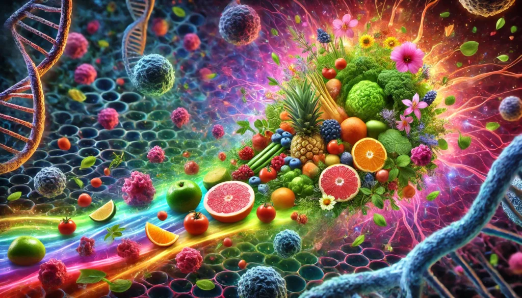 Vibrant artistic rendering of natural compounds like fruits, vegetables, and herbs emitting healing energy waves to target and neutralize cancer cells in a symbolic biological setting.
