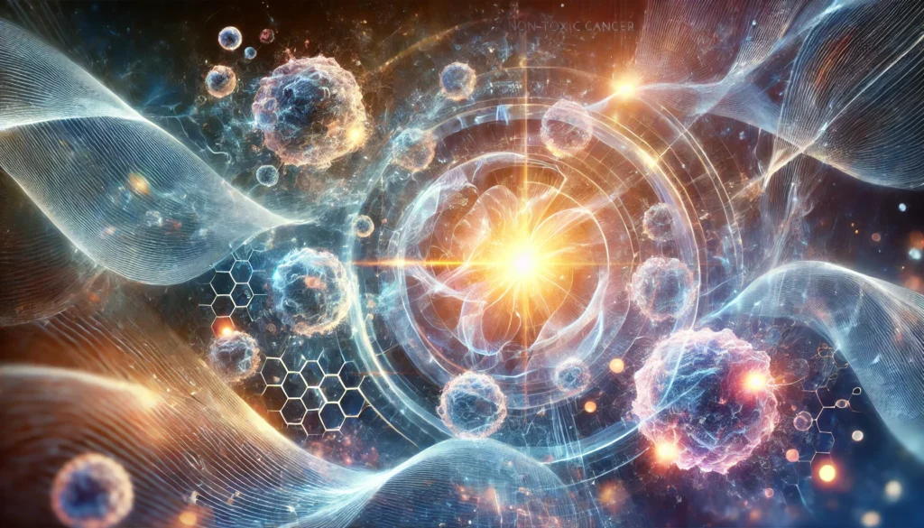 Abstract concept of non-toxic cancer therapies showing gentle beams of light dissolving cancer cells in a serene, nature-inspired environment filled with glowing organic forms.