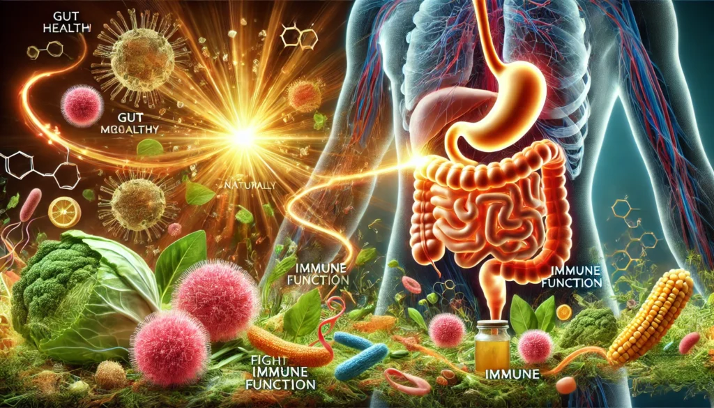 Scientific concept image illustrating the connection between gut health and immune function in fighting cancer, with glowing healthy gut bacteria, immune energy flows, and natural elements like leafy greens and fermented foods integrated into a clean, organic design.