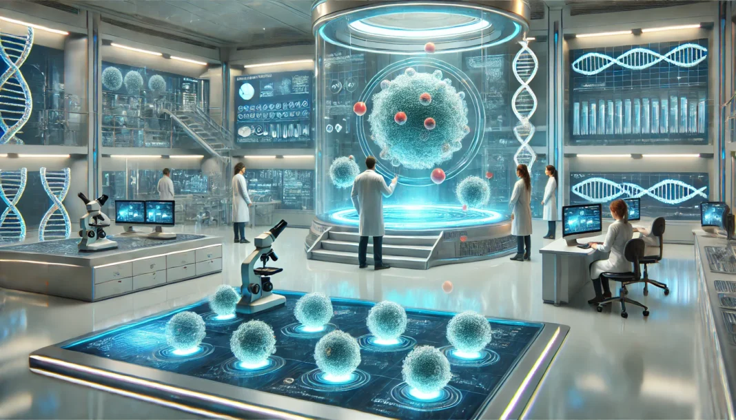 Futuristic cancer research laboratory with scientists analyzing glowing 3D cellular models using advanced digital equipment and transparent touchscreens.