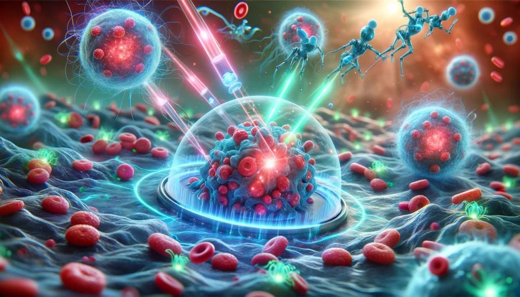 Microscopic view of red cancer cells being precisely targeted by glowing blue and green nanobots and immunotherapy agents in a dynamic biological environment.