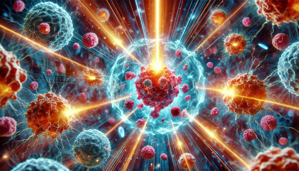 Conceptual visualization of radiation beams precisely disintegrating cancer cells while preserving surrounding healthy tissue, symbolizing advanced cancer therapy.