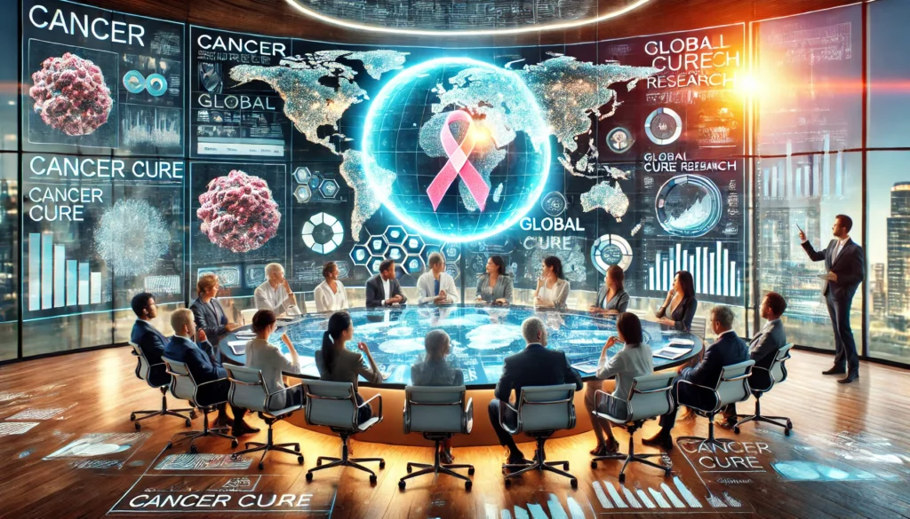 Diverse team of cancer researchers collaborating in a futuristic conference room with digital screens displaying global data and cancer treatment breakthroughs, symbolizing international innovation and progress.