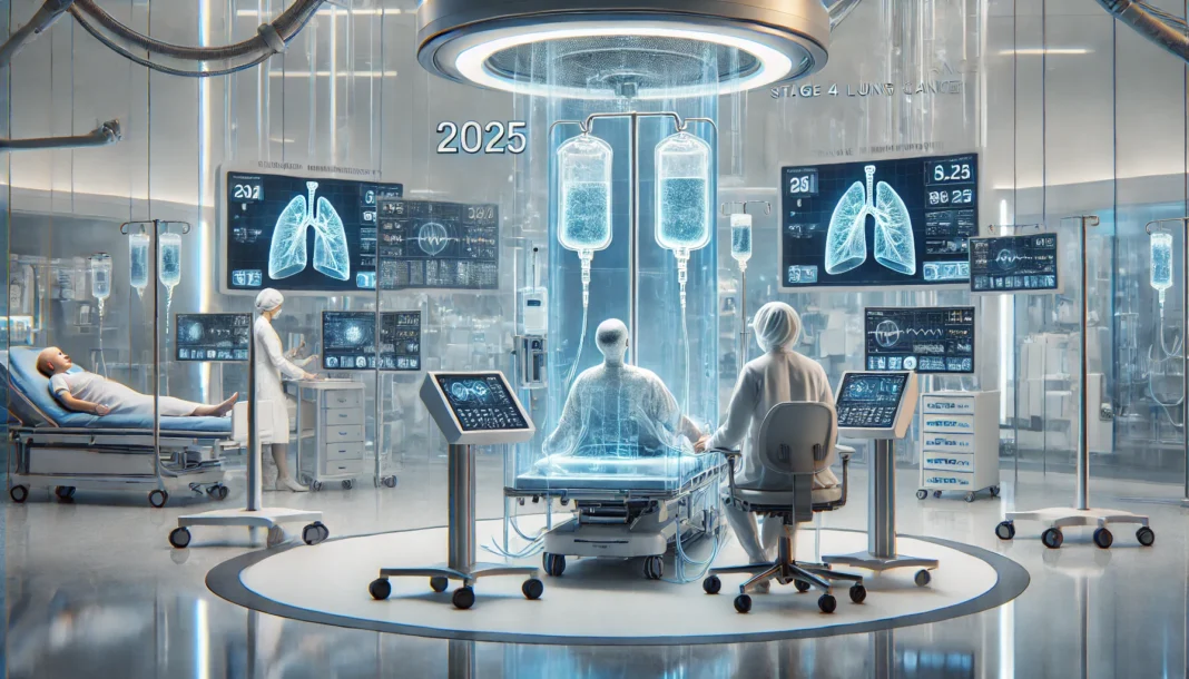 A modern medical lab in 2025 with a lung cancer patient receiving personalized immunotherapy via robotic infusion systems, while doctors monitor treatment progress on digital screens, symbolizing next-generation targeted therapies.
