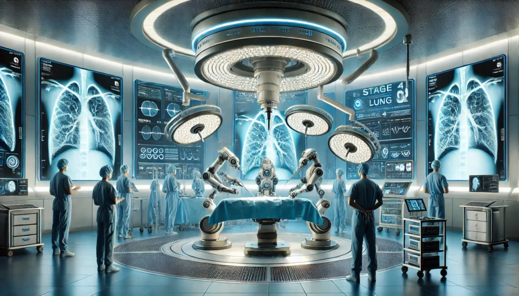 An advanced operating room where AI-assisted robotic systems perform minimally invasive lung cancer surgery, with surgeons overseeing large digital monitors showing real-time lung scans, reflecting innovation in surgical oncology.