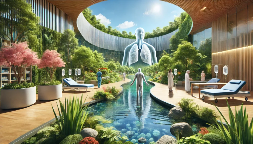 A stage 4 lung cancer patient walks peacefully through a serene healing garden in a futuristic cancer recovery center, surrounded by nature and modern architecture, representing holistic care and hope in 2025.
