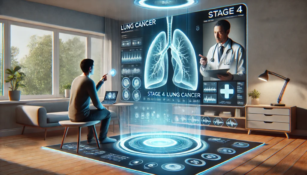 A photorealistic scene of a stage 4 lung cancer patient having a virtual consultation at home in 2025, using a futuristic device projecting holographic lung data, while a specialist appears on a screen reviewing scans and treatment plans — showcasing the role of telemedicine and AI in personalized cancer care.