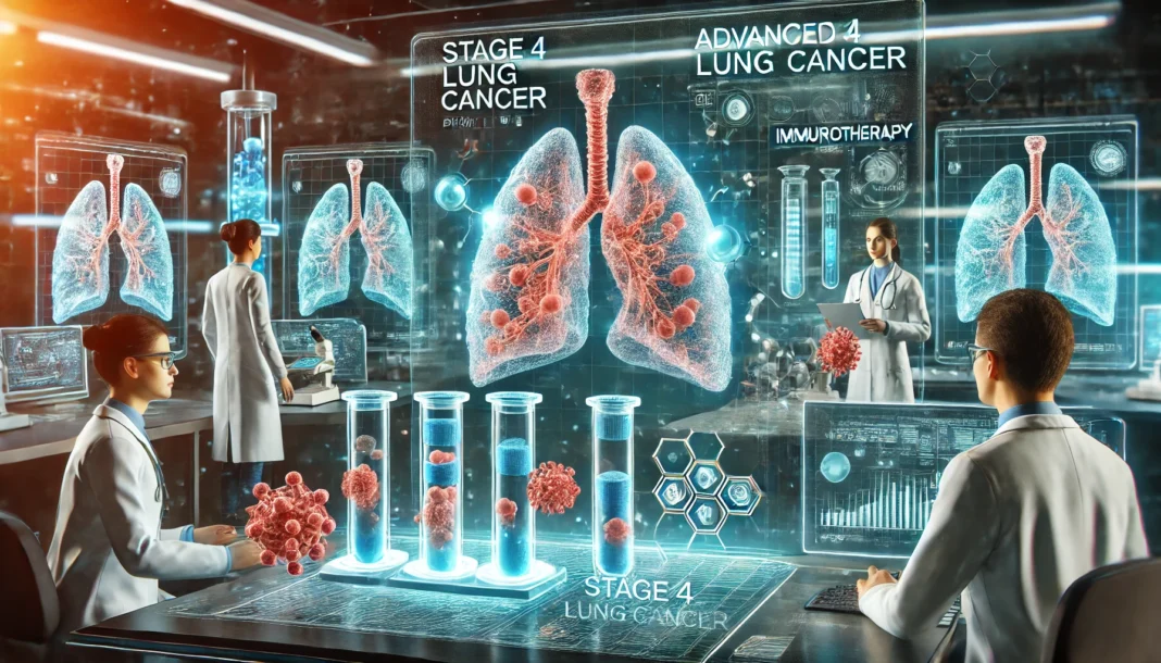 High-tech laboratory with scientists analyzing lung cancer pills and immunotherapy drugs using digital lung models and holographic technology, symbolizing cutting-edge research in stage 4 cancer treatment.