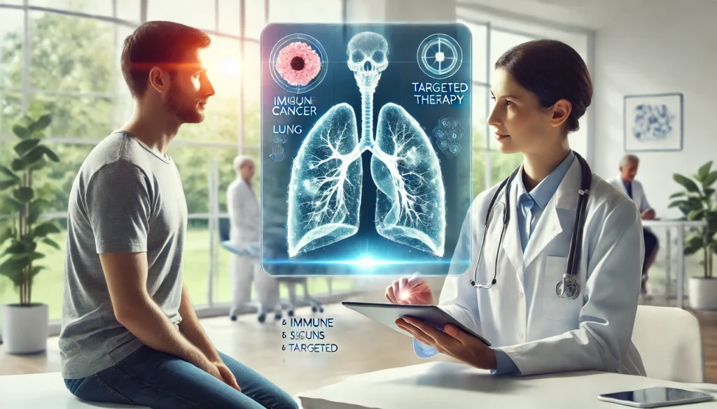 Stage 4 lung cancer patient speaking with an oncologist in a modern clinic, viewing lung scans and targeted treatment options on a tablet, portraying hope and personalized care through immunotherapy.