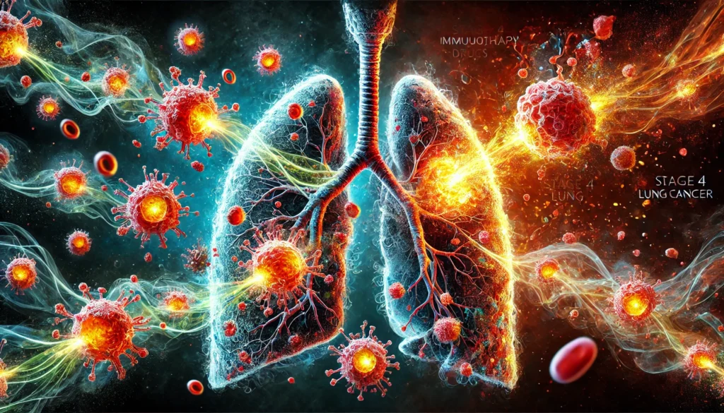 Artistic depiction of glowing immune cells enhanced by immunotherapy drugs targeting lung cancer cells inside the lungs, highlighting the body’s defense mechanisms and breakthroughs in cancer treatment.