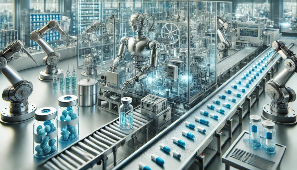 Robotic arms and automated systems in a high-tech biotech facility producing lung cancer pills and immunotherapy drugs, representing innovation and precision in pharmaceutical manufacturing for advanced cancer treatment.