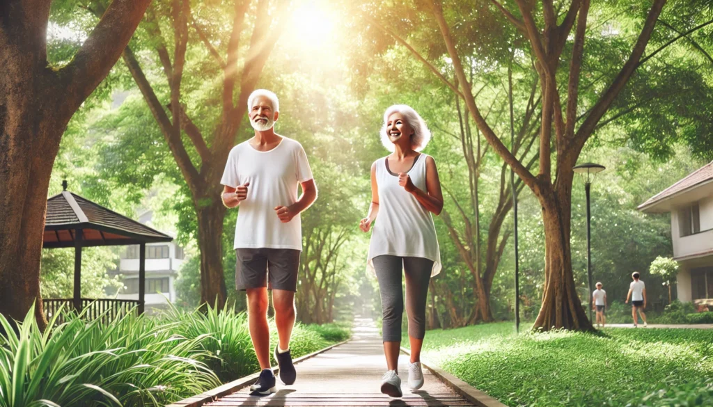 An older adult couple briskly walking along a sunlit trail in a lush green park—illustrating how regular physical activity supports cardiovascular health and blood pressure goals.
