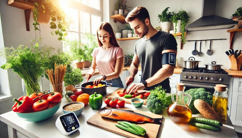 A young couple preparing a nutritious meal in a bright kitchen filled with vegetables, salmon, and whole grains, with a blood pressure monitor on the counter—representing diet as a tool for safe blood pressure regulation.