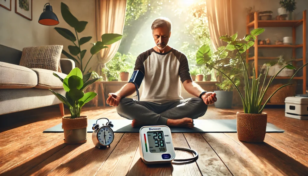 A man in his 50s practicing deep breathing on a yoga mat in a peaceful home setting, with a digital blood pressure monitor nearby—symbolizing the role of mindfulness in blood pressure control.