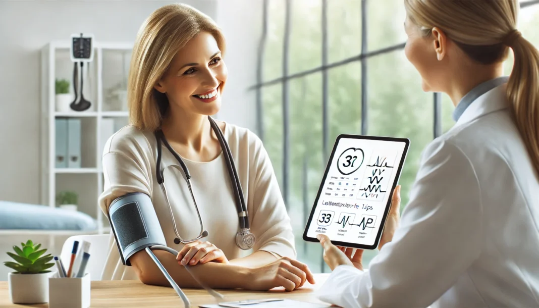 A middle-aged woman discussing her blood pressure chart with a healthcare provider in a modern, naturally lit clinic—emphasizing expert guidance for safe hypertension management.