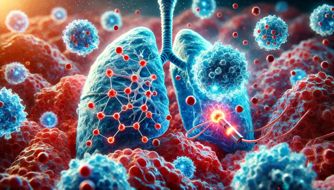 Close-up 3D render of lung tissue with glowing drug molecules targeting cancer cells in a vivid red and blue cellular environment.