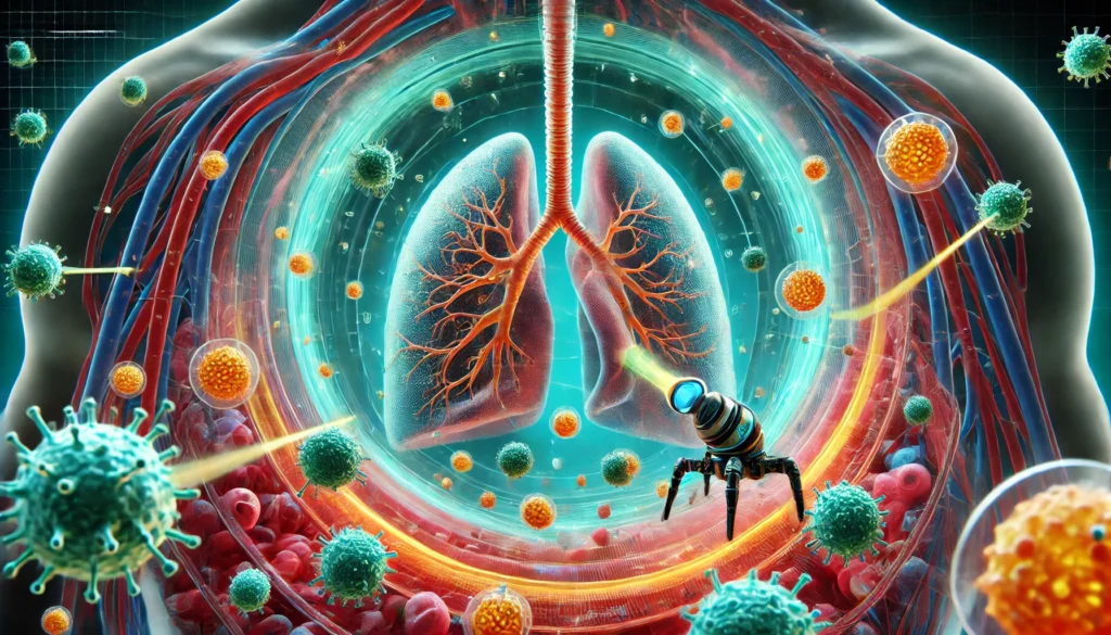 Futuristic scene of nanobots navigating human lungs, precisely targeting and neutralizing cancer cells using advanced nanotechnology.