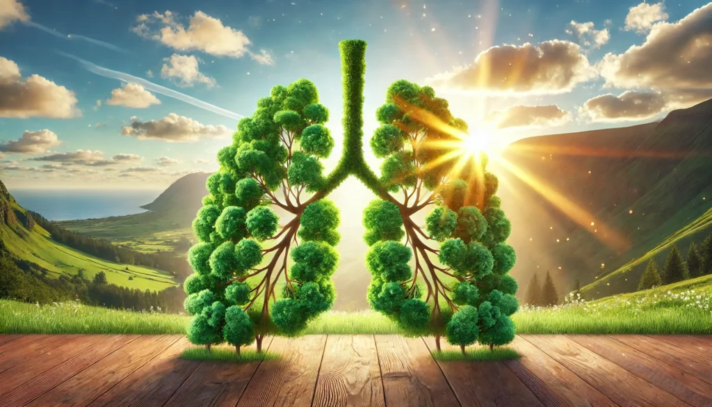 Artistic representation of human lungs formed by green trees with sunlight filtering through, symbolizing healing and renewed hope after targeted lung cancer treatment.