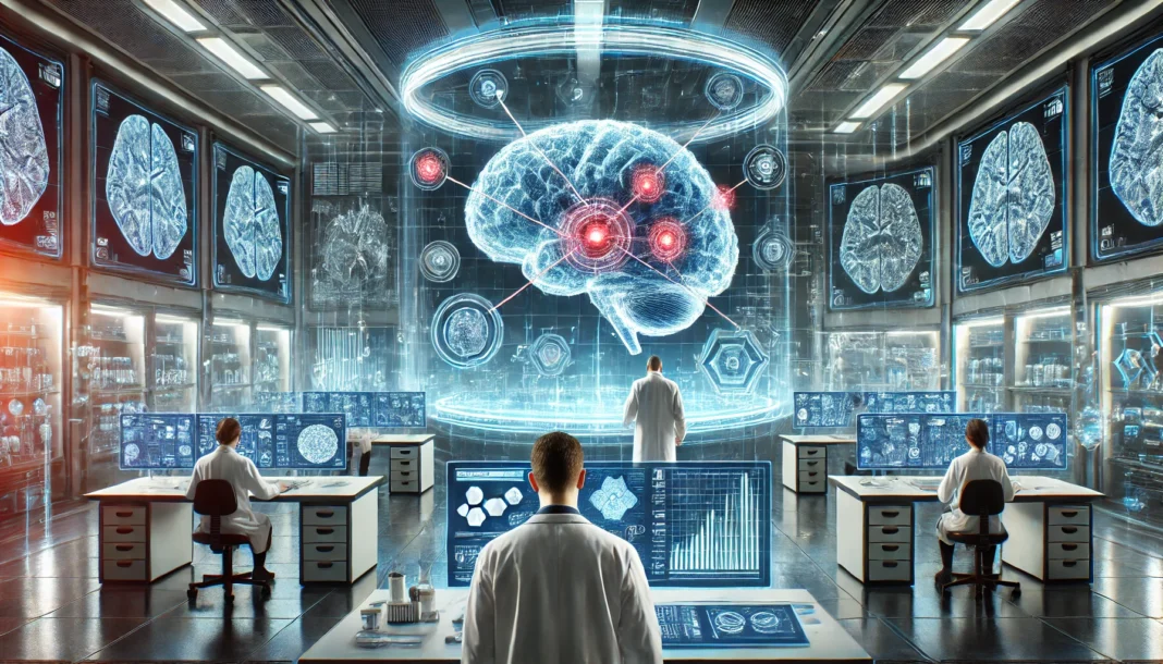 Futuristic laboratory scene with scientists studying 3D brain models on holographic interfaces, symbolizing innovation in brain tumor drug development.