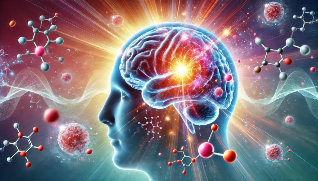 Conceptual image of a glowing human brain with drug particles targeting tumor regions, representing precision medicine in brain cancer treatment.