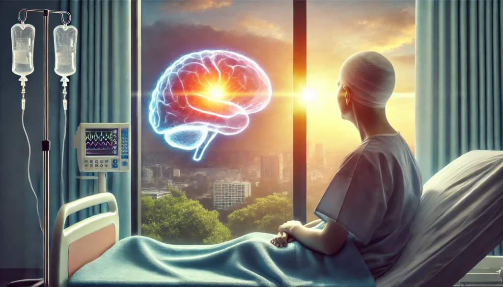 Brain cancer patient in a hospital bed gazing at sunrise with a glowing brain overlay nearby, reflecting emotional hope from new therapies.