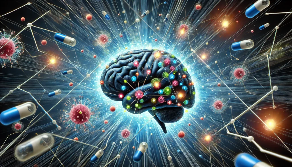 Digital brain surrounded by neural pathways and interacting drug capsules, illustrating cutting-edge breakthroughs in brain cancer therapy.
