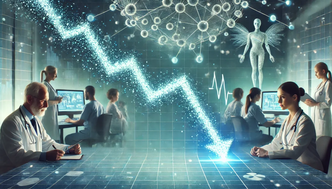 Digital concept of declining cancer mortality rates, with a glowing particle line graph trending downward in a futuristic medical environment featuring doctors reviewing data.
