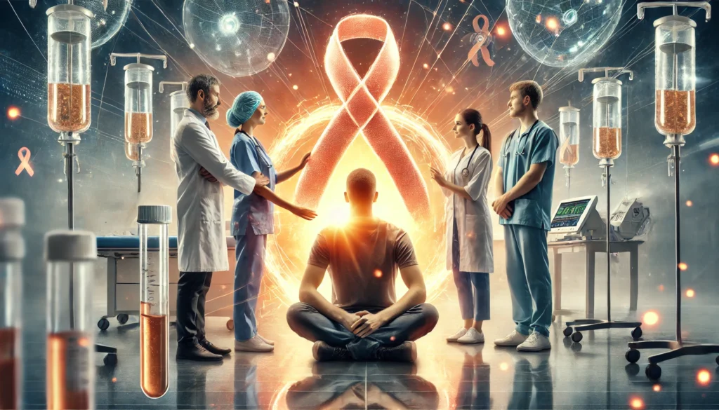 Hopeful cancer survival visualization with a glowing patient surrounded by caring medical professionals in a futuristic treatment center illuminated by soft sunrise light.