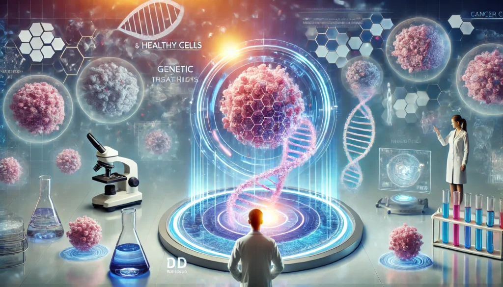 Advanced cancer research lab with scientists analyzing 3D holograms of transforming cancer cells and a luminous DNA strand, symbolizing genetic breakthroughs and targeted therapy.